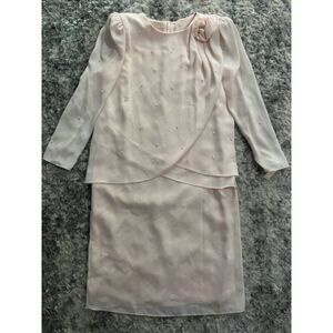 After Dark Pale Pink Crepe Chiffon Dress Sz 14P Embellished Pearls Elegant Vtg
